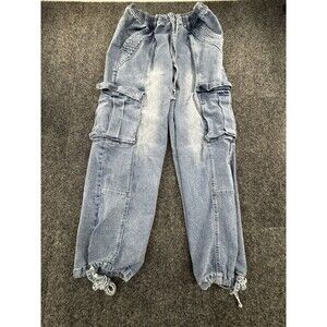Most Famous Women's Cargo Jeans Blue Distressed Drawstring Waist Frayed Hem Sz M